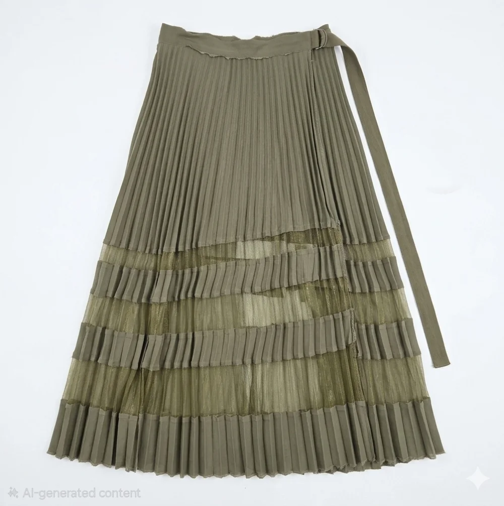 Free People Bowery Pleated Sheer High Waist Midi Skirt in Army Green Sz M - Picture 3 of 10